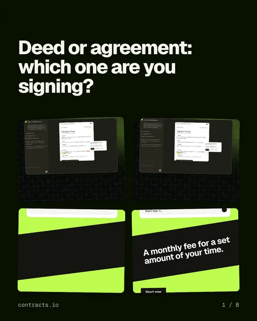 Carousel for contracts.io: "Deed or agreement: which one are you signing?". Collection carousel, 8 slides, dark palette.
