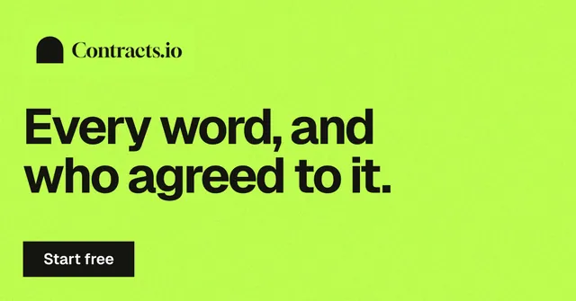 Social ad for contracts.io: "Every word, and who agreed to it." Swiss style, announce layout, light palette in green.
