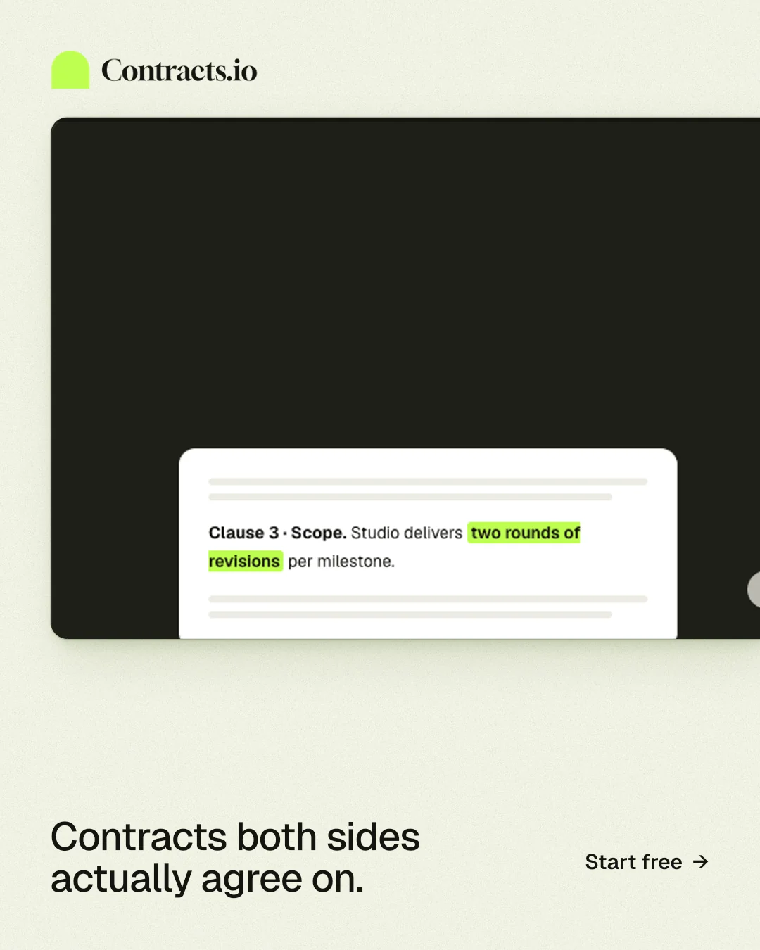Instagram portrait post for contracts.io: "Contracts both sides actually agree on." Data card style, image led layout, light palette in green, black, white.