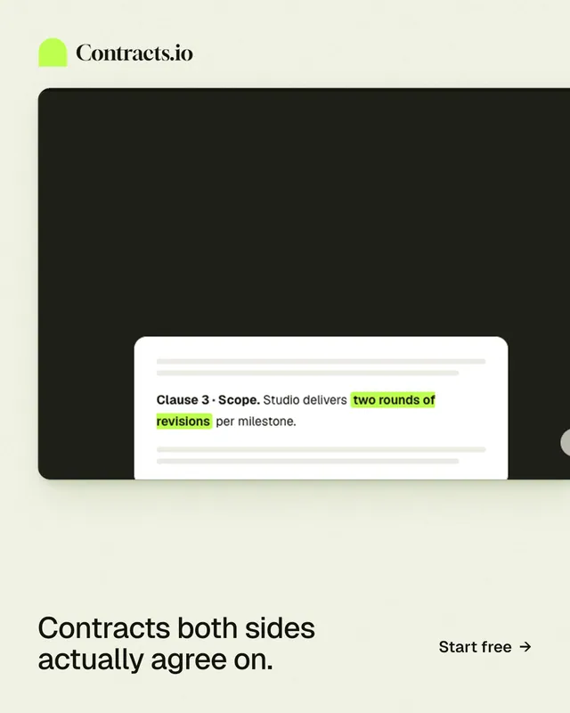 Instagram portrait post for contracts.io: "Contracts both sides actually agree on." Data card style, image led layout, light palette in green, black, white.