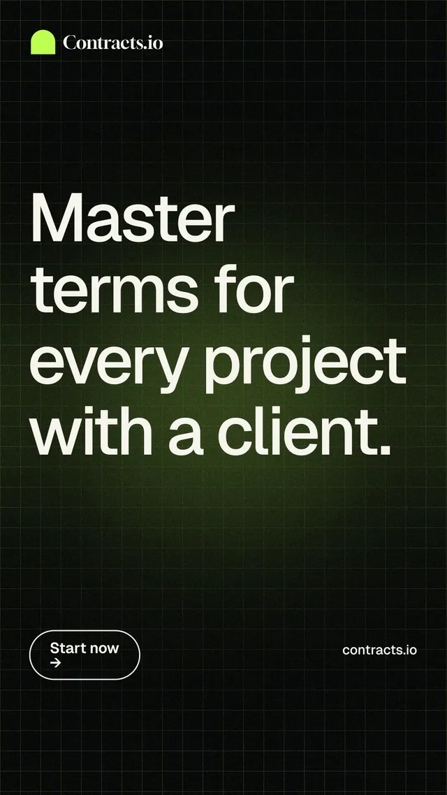Instagram story for contracts.io: "Master terms for every project with a client." Phosphor atlas style, poster layout, dark palette in black, grey.