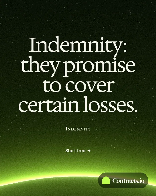 Instagram portrait post for contracts.io: "Indemnity: they promise to cover certain losses." Swiss style, smallcaps layout, dark palette in green, black.