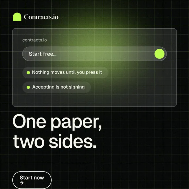 Instagram post for contracts.io: "One paper, two sides." Phosphor atlas style, bottom layout, dark palette in black, grey.