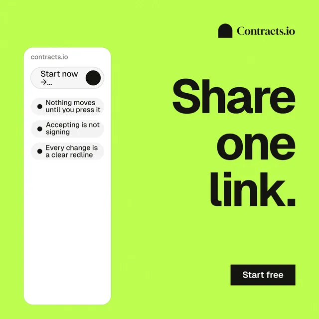 Instagram post for contracts.io: "Share one link." Swiss style, right layout, light palette in green, white.