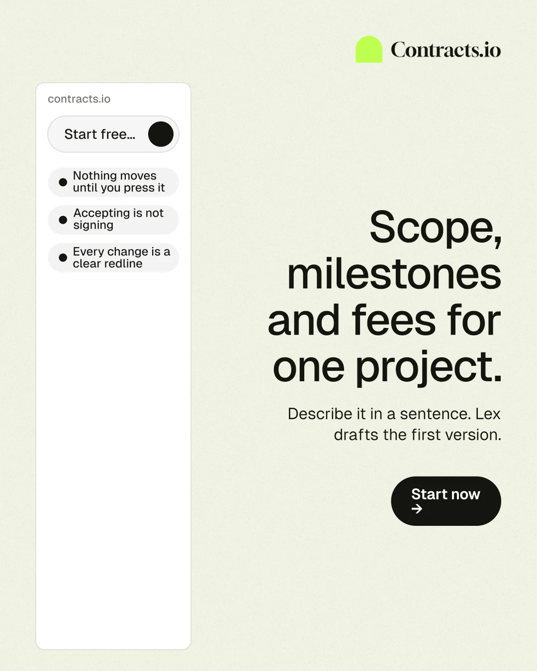 Instagram portrait post for contracts.io: "Scope, milestones and fees for one project." Data card style, right layout, light palette in white, grey.