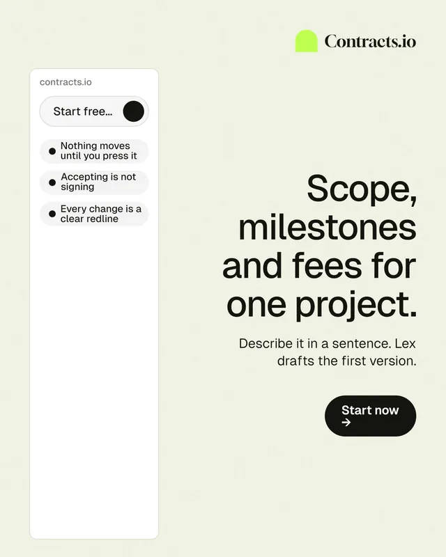 Instagram portrait post for contracts.io: "Scope, milestones and fees for one project." Data card style, right layout, light palette in white, grey.