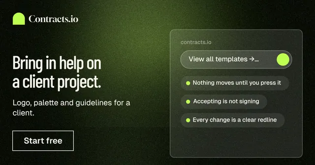 Social ad for contracts.io: "Bring in help on a client project." Dark deco style, bottom layout, dark palette in black, green, grey.
