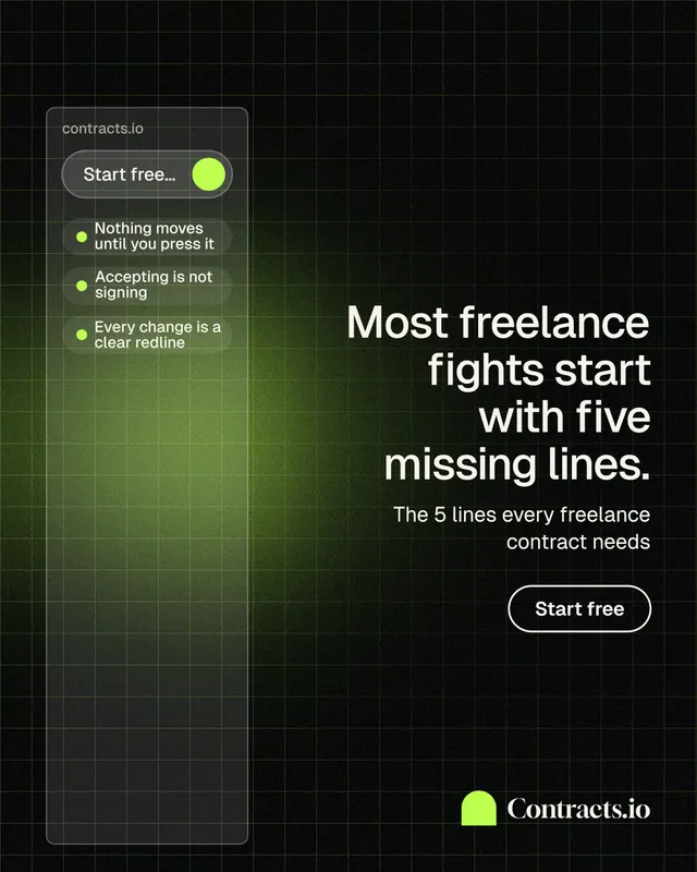 Instagram portrait post for contracts.io: "Most freelance fights start with five missing lines." Phosphor atlas style, right layout, dark palette in black, green.