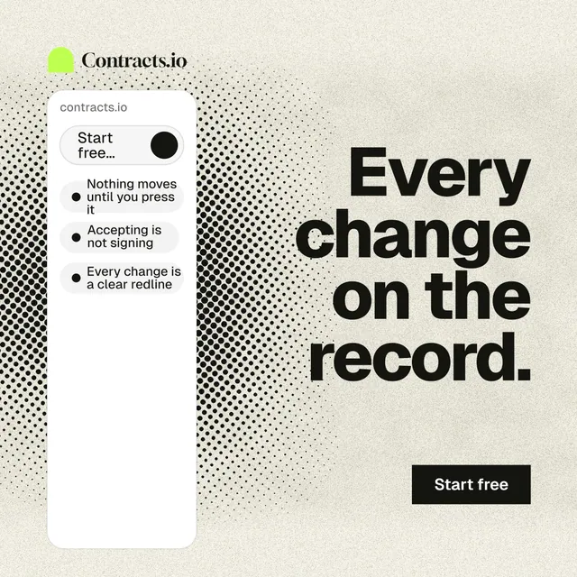 Instagram post for contracts.io: "Every change on the record." Ink sticker style, right layout, light palette in white, yellow, grey.