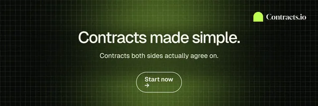 X header for contracts.io: "Contracts made simple." Phosphor atlas style, centred layout, dark palette in green, black.