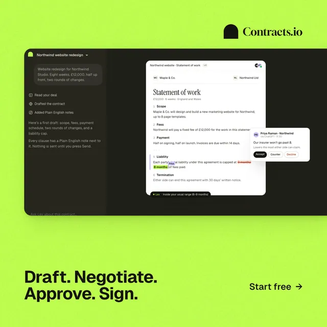 Instagram post for contracts.io: "Draft. Negotiate. Approve. Sign." Swiss style, image led layout, light palette in green, black.