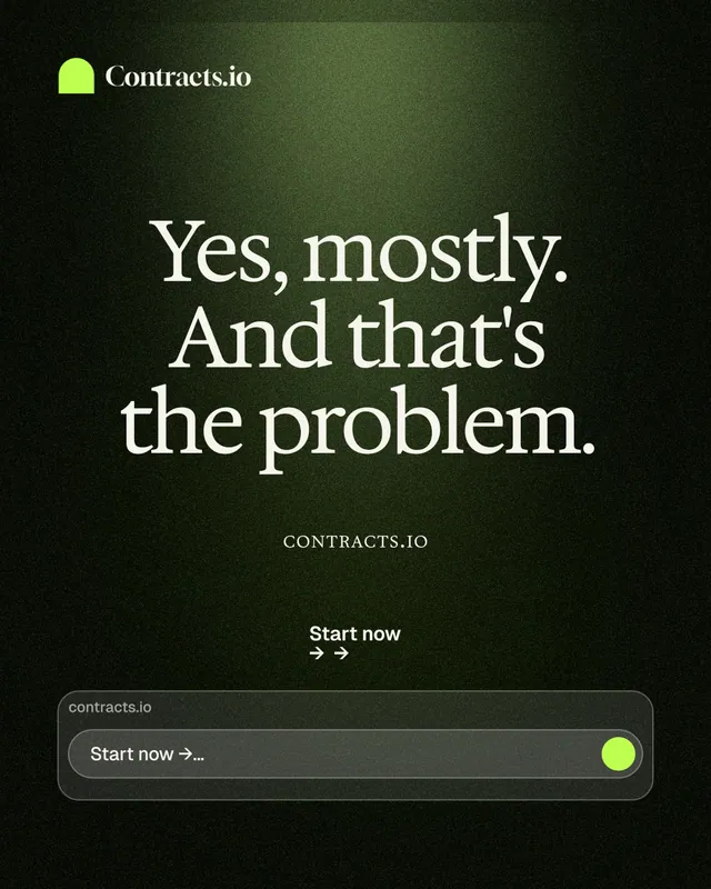 Instagram portrait post for contracts.io: "Yes, mostly. And that's the problem." Dark deco style, smallcaps layout, dark palette in black, green, grey.