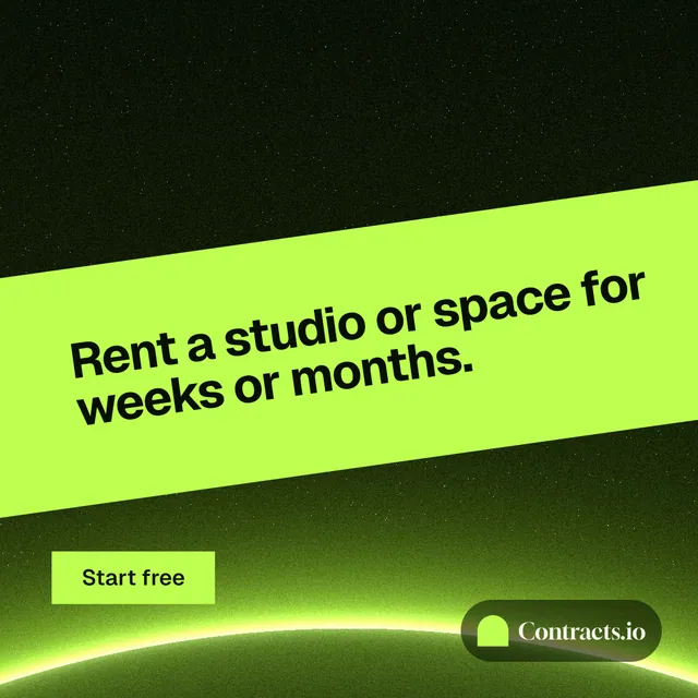Instagram post for contracts.io: "Rent a studio or space for weeks or months." Swiss style, diagonal layout, light palette in black, green.