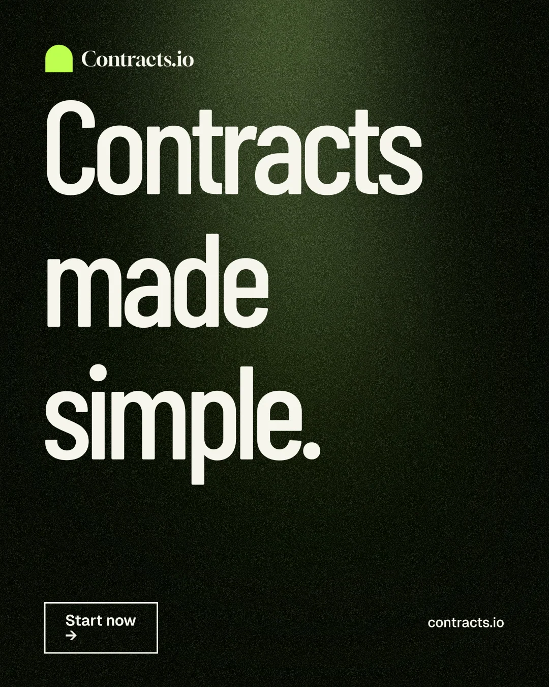 Instagram portrait post for contracts.io: "Contracts made simple." Dark deco style, poster layout, dark palette in black, grey.