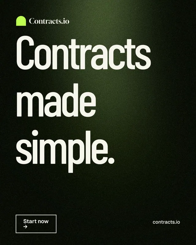 Instagram portrait post for contracts.io: "Contracts made simple." Dark deco style, poster layout, dark palette in black, grey.