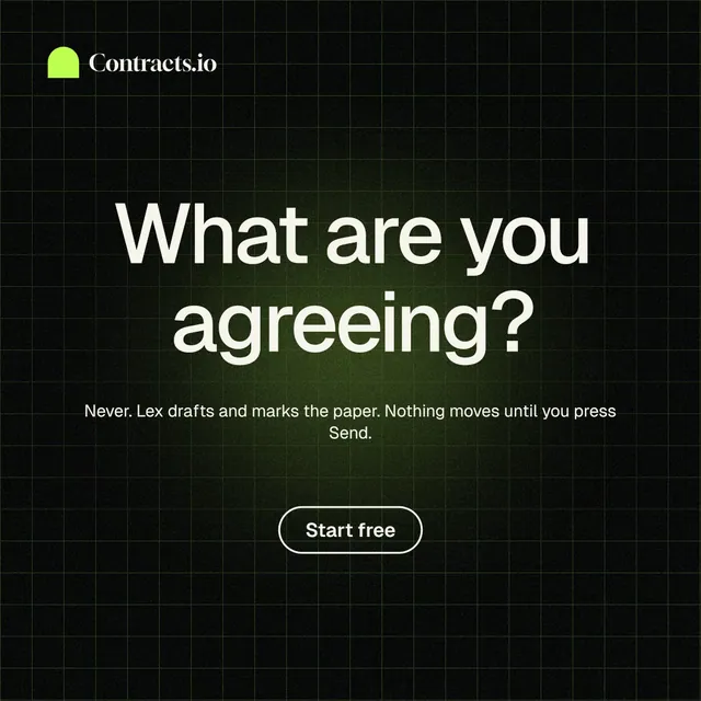 Instagram post for contracts.io: "What are you agreeing?" Phosphor atlas style, centred layout, dark palette in black, grey.
