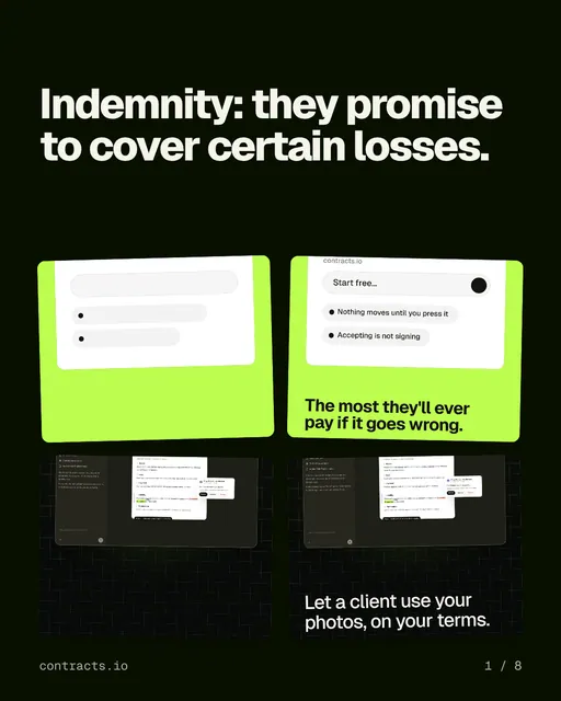Carousel for contracts.io: "Indemnity: they promise to cover certain losses.". Collection carousel, 8 slides, dark palette.