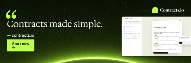 X header for contracts.io: "Contracts made simple." Swiss style, quote layout, dark palette in green, black.