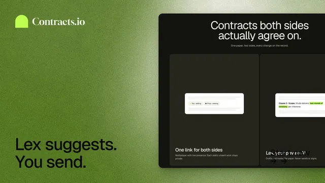 Landscape graphic for contracts.io: "Lex suggests. You send." Cyanotype style, image led layout, dark palette in black, green.