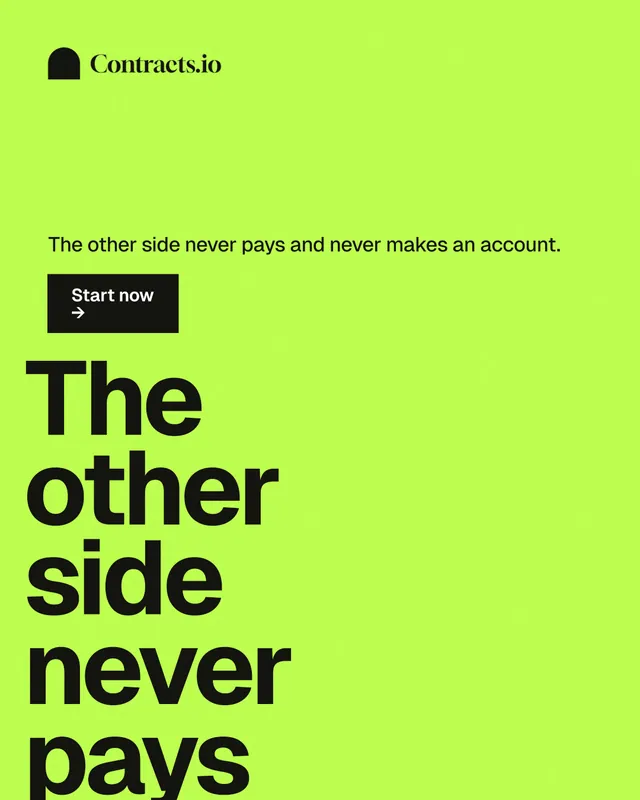 Instagram portrait post for contracts.io: "The other side never pays." Swiss style, oversized layout, light palette in green.