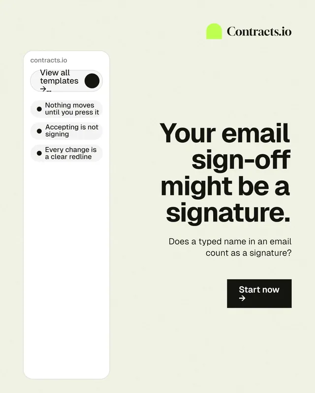 Instagram portrait post for contracts.io: "Your email sign-off might be a signature." Swiss style, right layout, light palette in white, grey.