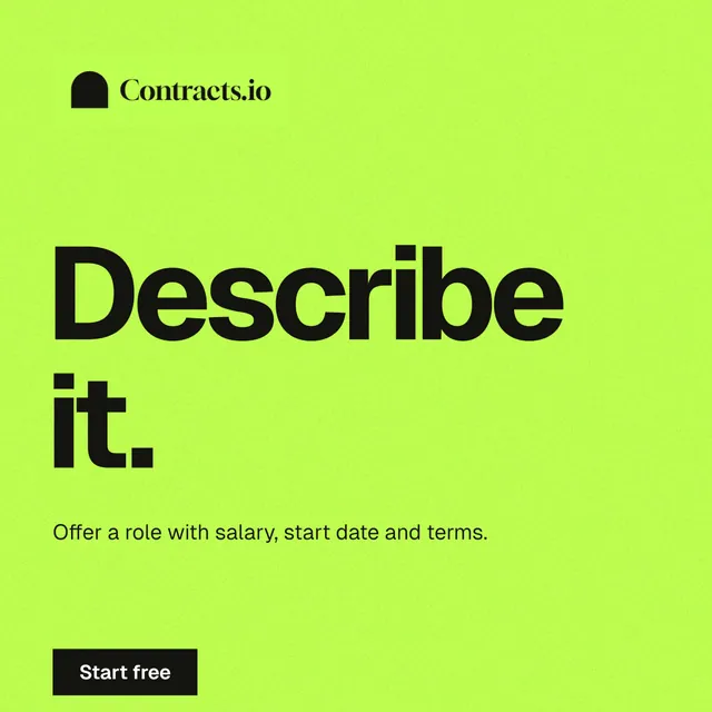 Instagram post for contracts.io: "Describe it." Swiss style, announce layout, light palette in green.
