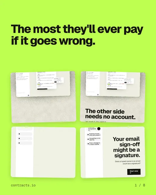 Carousel for contracts.io: "The most they'll ever pay if it goes wrong.". Collection carousel, 8 slides, light palette.