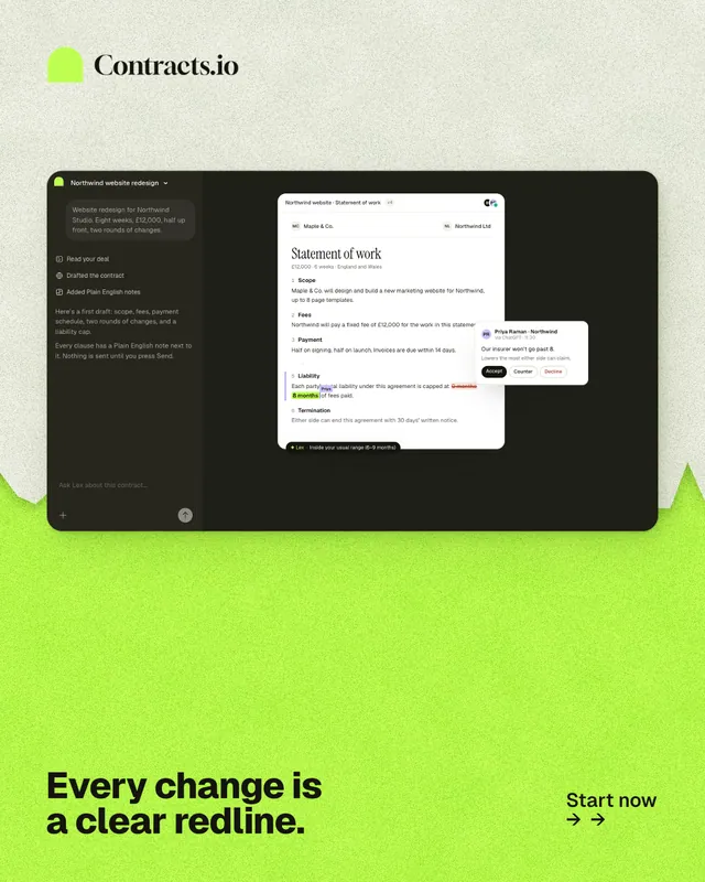 Instagram portrait post for contracts.io: "Every change is a clear redline." Paper trio style, image led layout, light palette in white, black, green.
