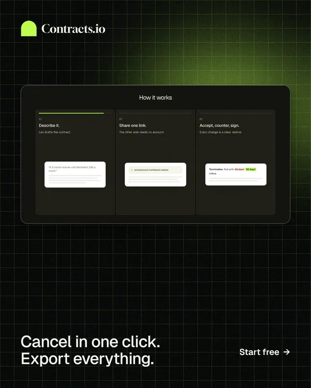 Instagram portrait post for contracts.io: "Cancel in one click. Export everything." Phosphor atlas style, image led layout, dark palette in black, grey.