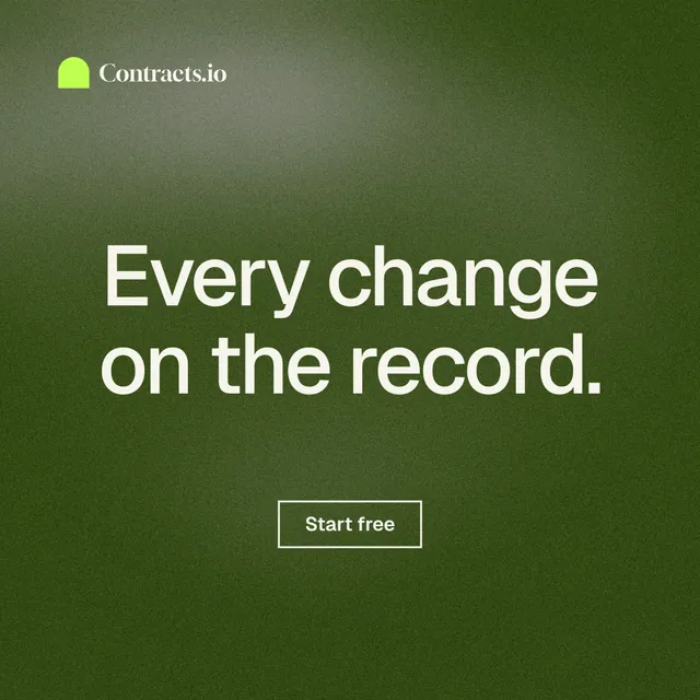 Instagram post for contracts.io: "Every change on the record." Cyanotype style, centred layout, dark palette in green, grey.