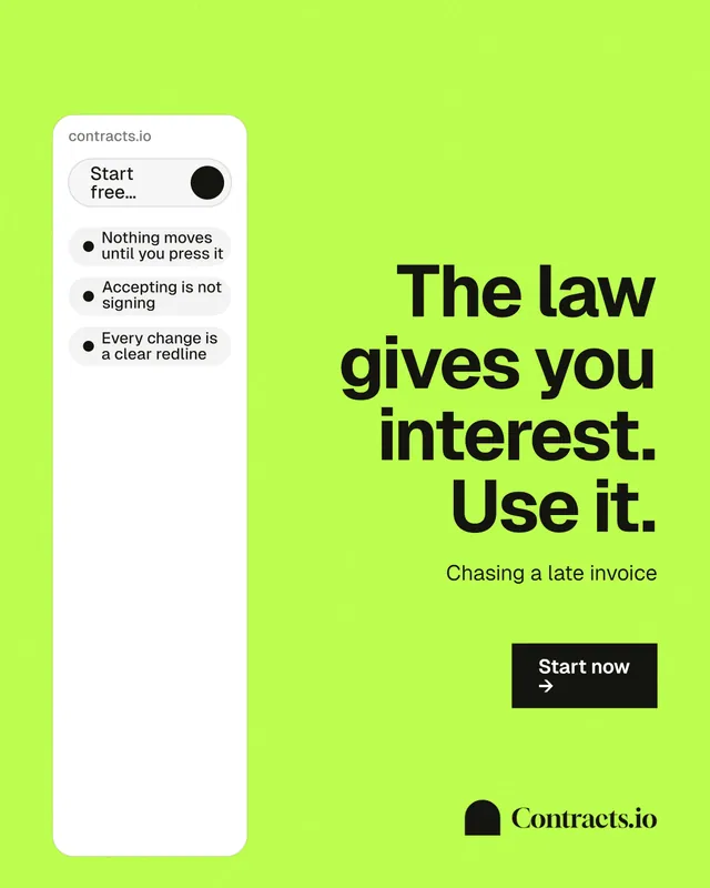 Instagram portrait post for contracts.io: "The law gives you interest. Use it." Swiss style, right layout, light palette in green, white.