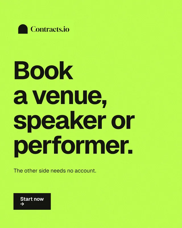 Instagram portrait post for contracts.io: "Book a venue, speaker or performer." Swiss style, announce layout, light palette in green.