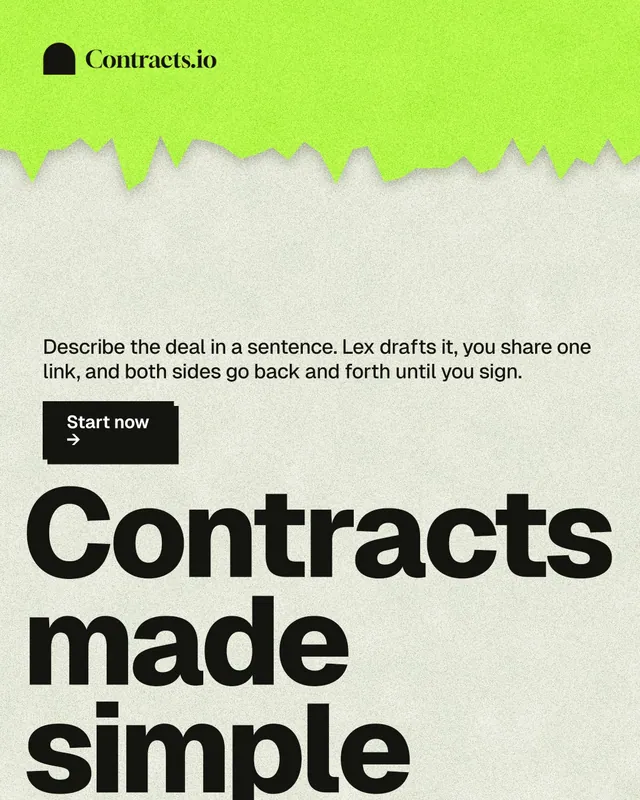 Instagram portrait post for contracts.io: "Contracts made simple." Paper trio style, oversized layout, light palette in green, grey.