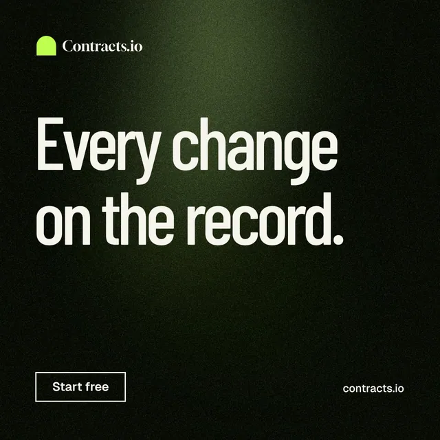 Instagram post for contracts.io: "Every change on the record." Dark deco style, poster layout, dark palette in black, grey.