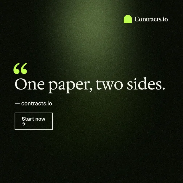 Instagram post for contracts.io: "One paper, two sides." Dark deco style, quote layout, dark palette in black, green.