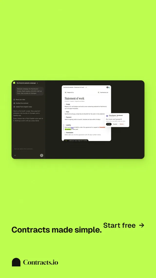 Instagram story for contracts.io: "Contracts made simple." Swiss style, image led layout, light palette in green.