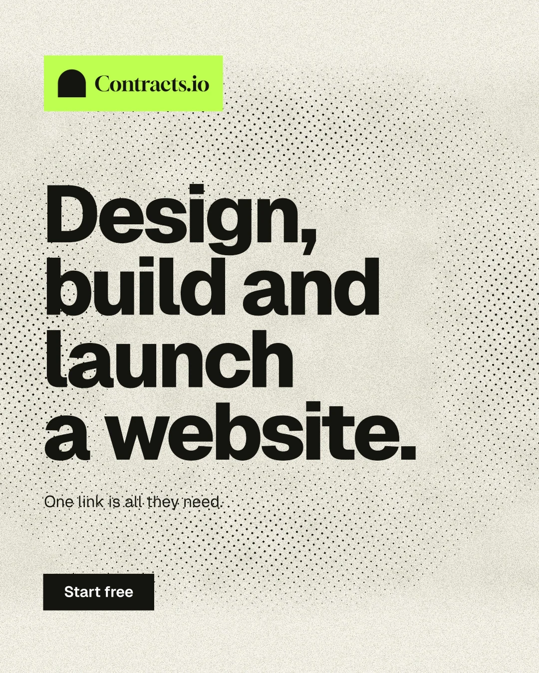 Instagram portrait post for contracts.io: "Design, build and launch a website." Ink sticker style, announce layout, light palette in white, yellow, grey.