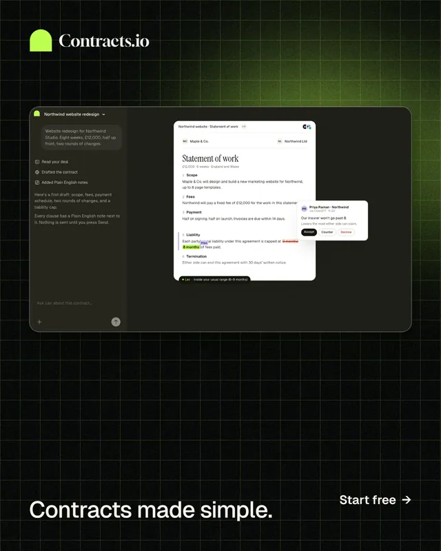 Instagram portrait post for contracts.io: "Contracts made simple." Phosphor atlas style, image led layout, dark palette in black, grey.