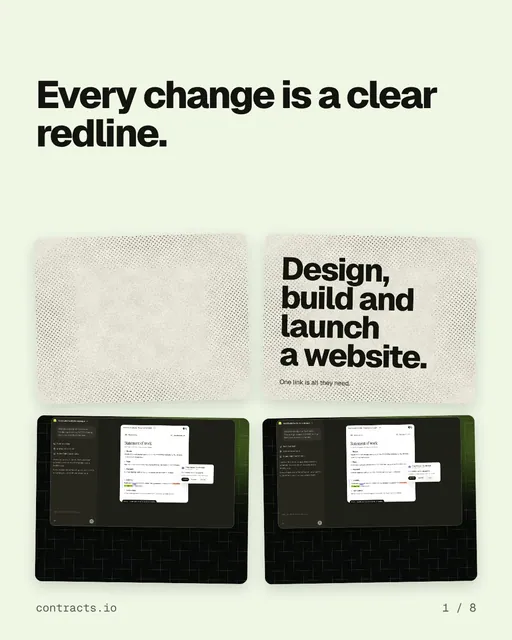 Carousel for contracts.io: "Every change is a clear redline.". Collection carousel, 8 slides, light palette.