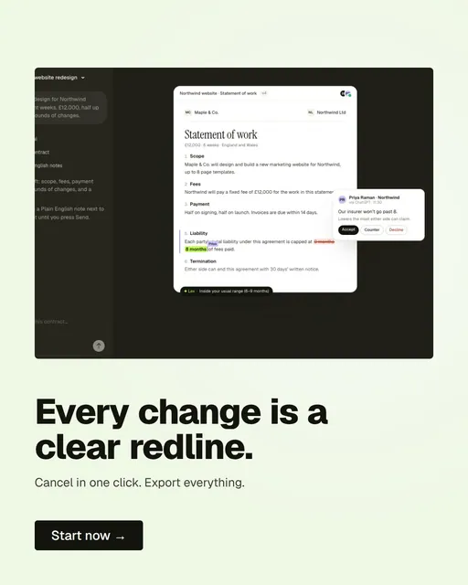 Video for contracts.io: "Every change is a clear redline.". Doc motion loop, 8.0 s, light palette.