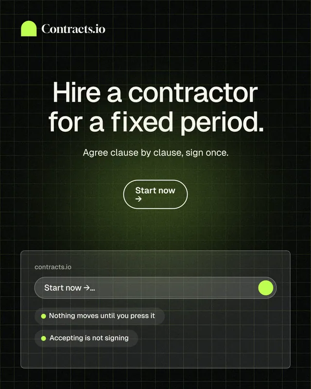 Instagram portrait post for contracts.io: "Hire a contractor for a fixed period." Phosphor atlas style, centred layout, dark palette in black, grey.