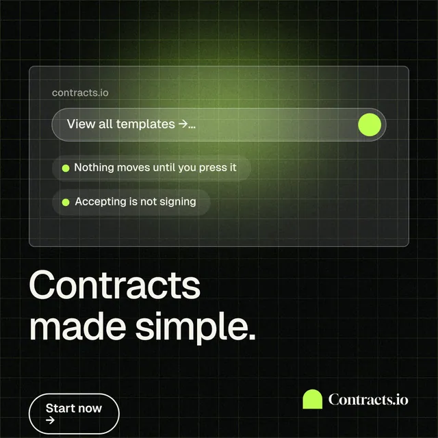 Instagram post for contracts.io: "Contracts made simple." Phosphor atlas style, bottom layout, dark palette in black, grey.