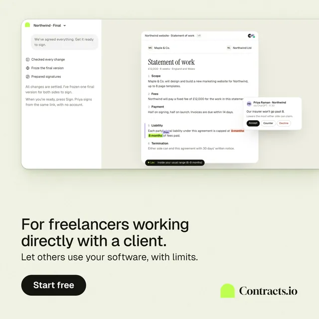 Instagram post for contracts.io: "For freelancers working directly with a client." Data card style, bottom layout, light palette in white, yellow, grey.