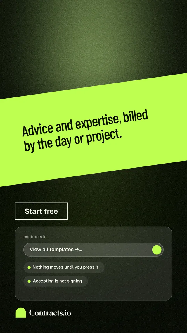 Instagram story for contracts.io: "Advice and expertise, billed by the day or project." Dark deco style, diagonal layout, dark palette in green, black.