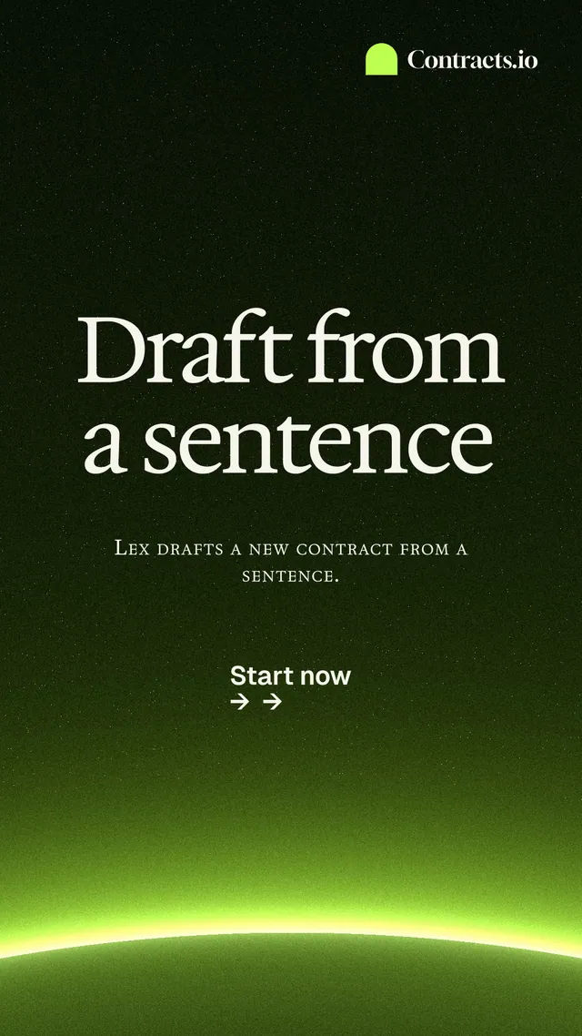 Instagram story for contracts.io: "Draft from a sentence". Swiss style, smallcaps layout, dark palette in green, black.