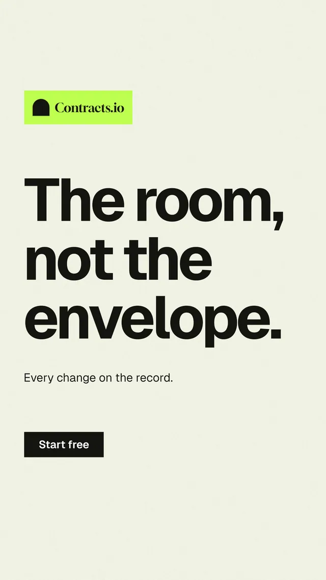 Instagram story for contracts.io: "The room, not the envelope." Swiss style, announce layout, light palette in white, grey.