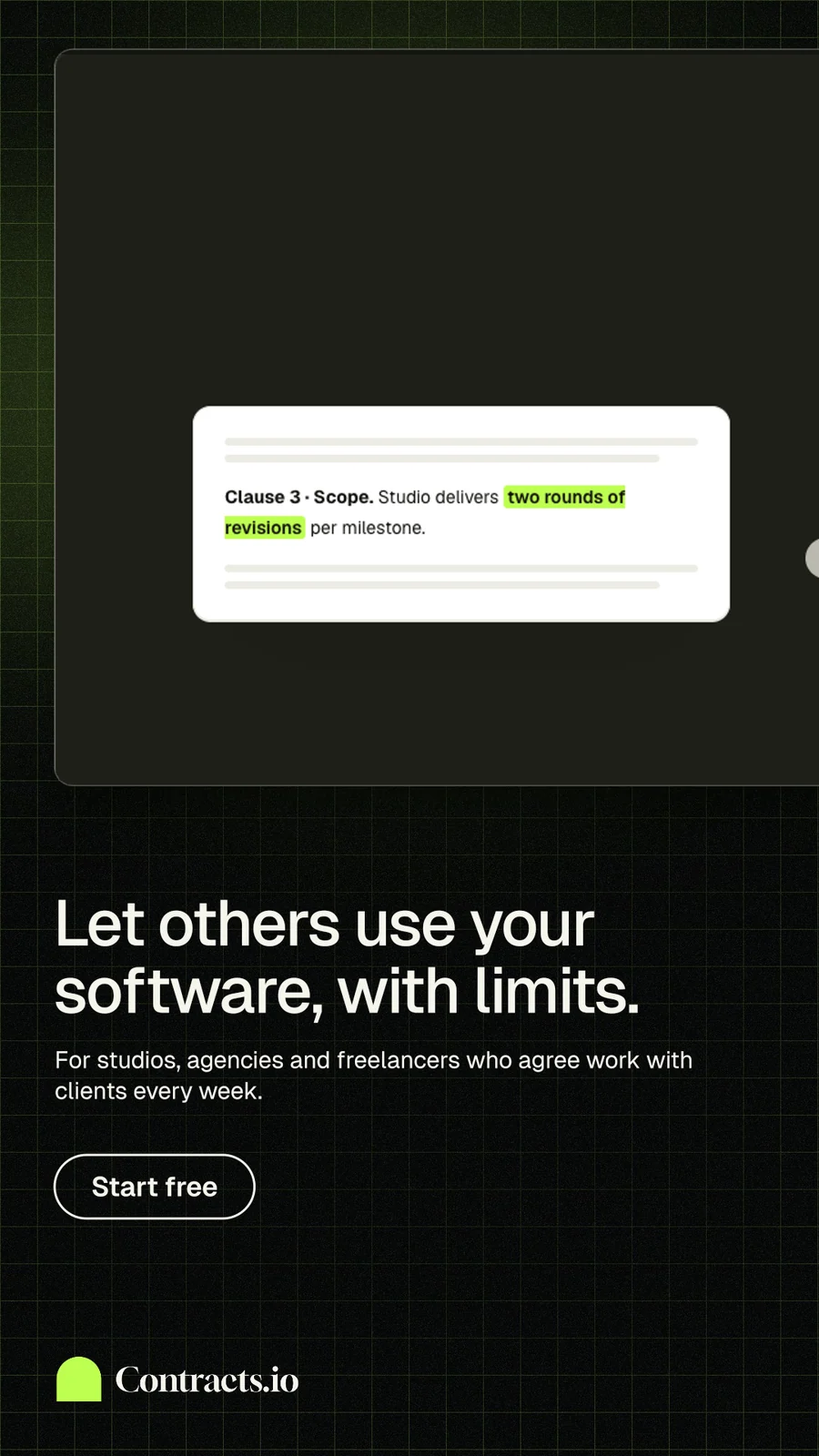 Instagram story for contracts.io: "Let others use your software, with limits." Phosphor atlas style, bottom layout, dark palette in black, grey.