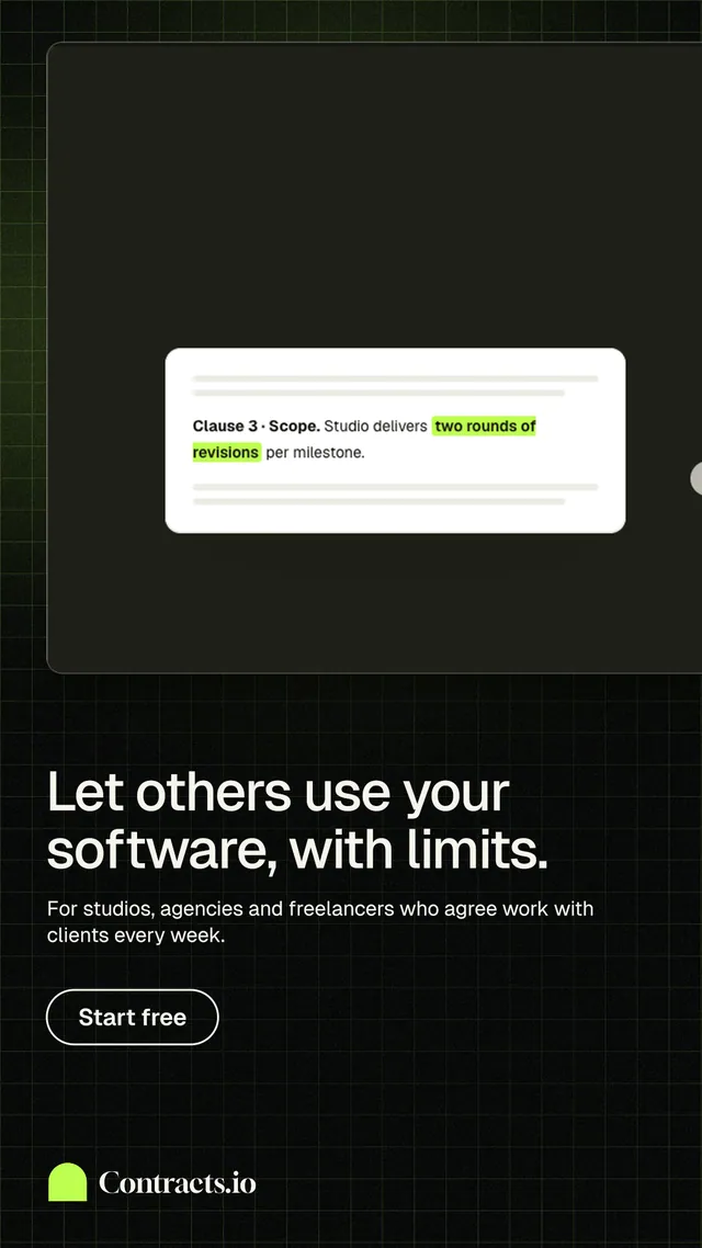 Instagram story for contracts.io: "Let others use your software, with limits." Phosphor atlas style, bottom layout, dark palette in black, grey.