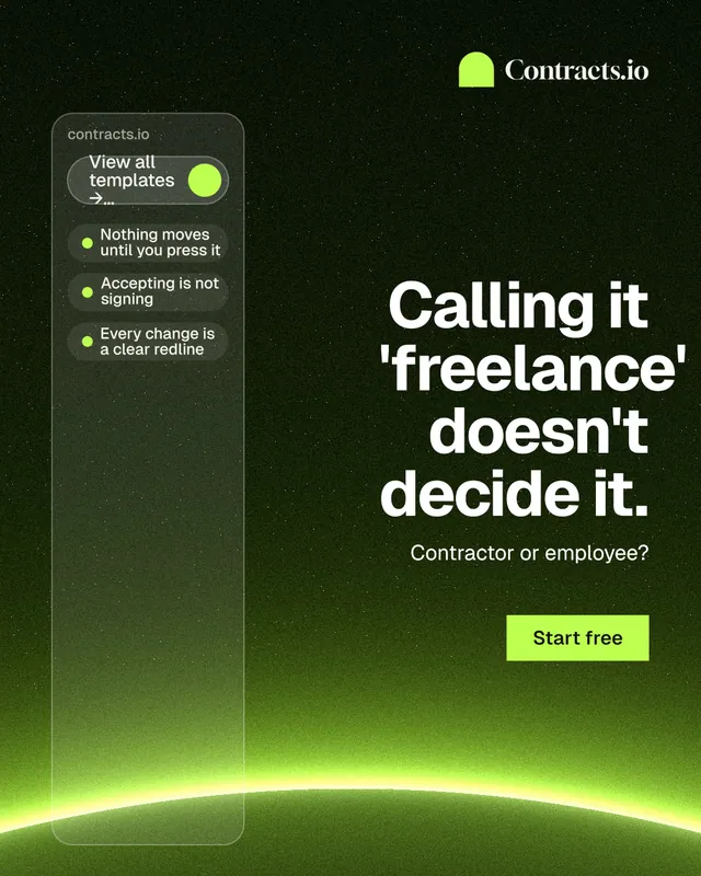 Instagram portrait post for contracts.io: "Calling it 'freelance' doesn't decide it." Swiss style, right layout, dark palette in green, black.