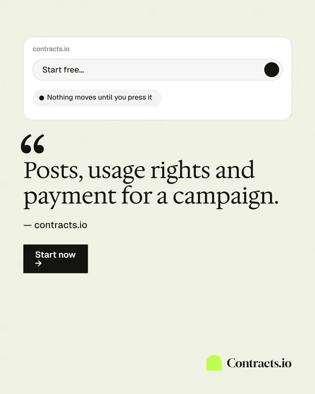 Instagram portrait post for contracts.io: "Posts, usage rights and payment for a campaign." Swiss style, quote layout, light palette in white.